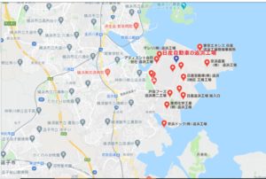 募金ランが行われている日産自動車追浜工場の位置です